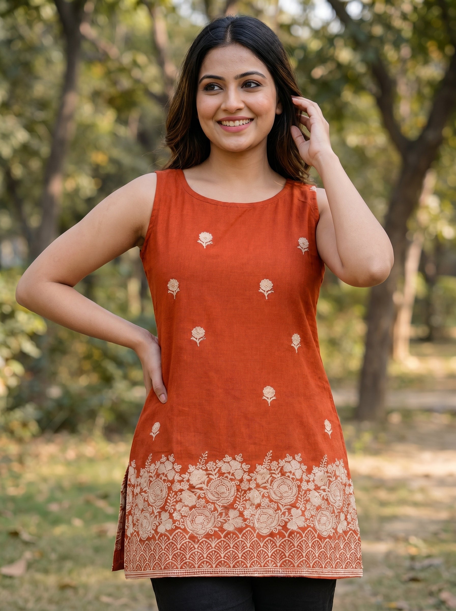 Burnt Orange Embroidery Short Kurti