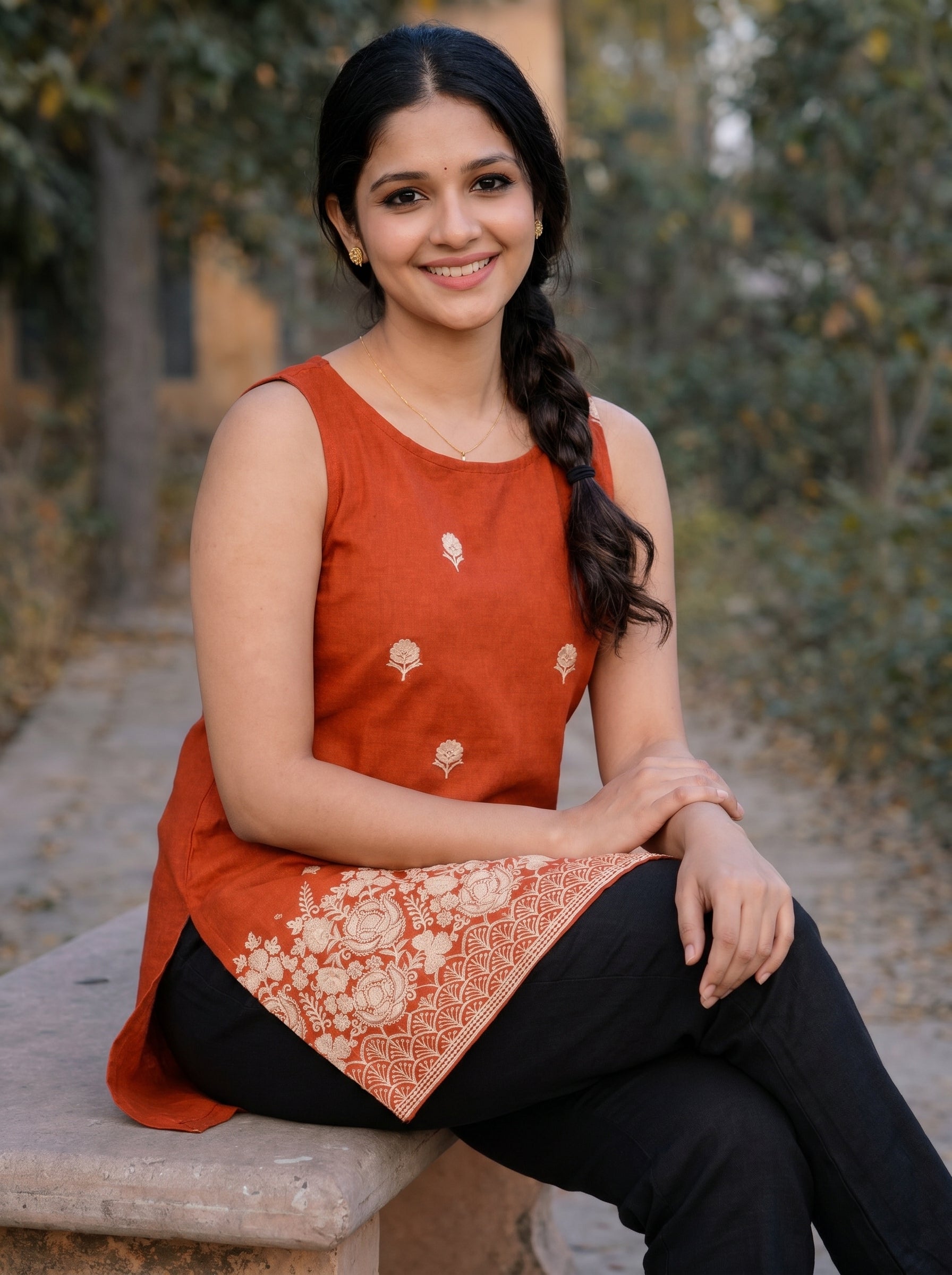 Burnt Orange Embroidery Short Kurti