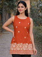 Burnt Orange Embroidery Short Kurti