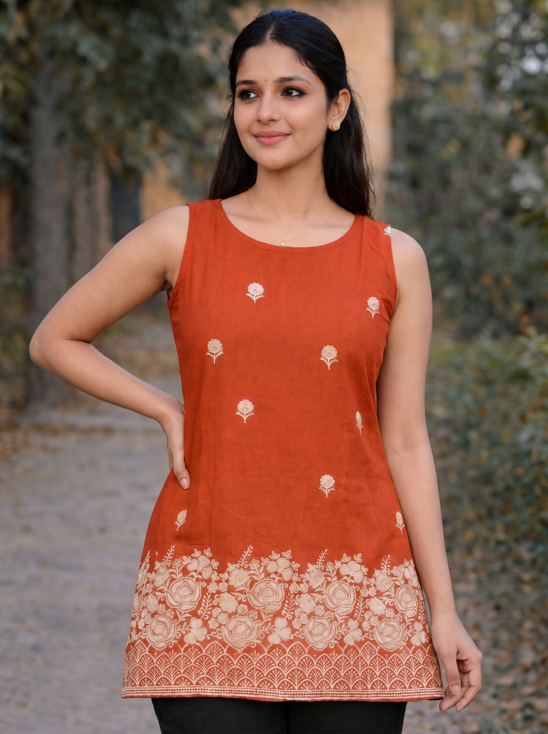 Burnt Orange Embroidery Short Kurti