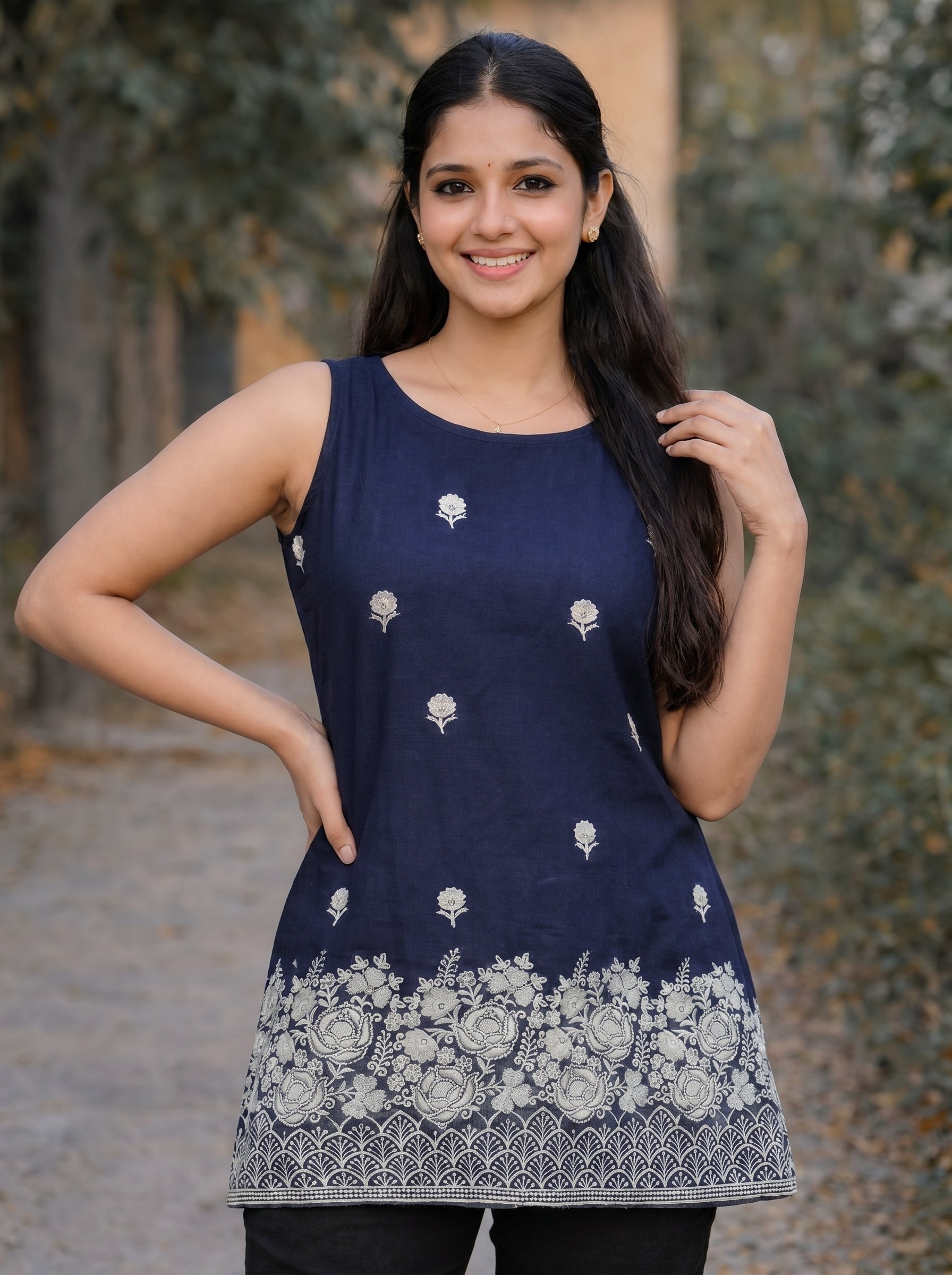 Navy Blossom Embroidery Kurti