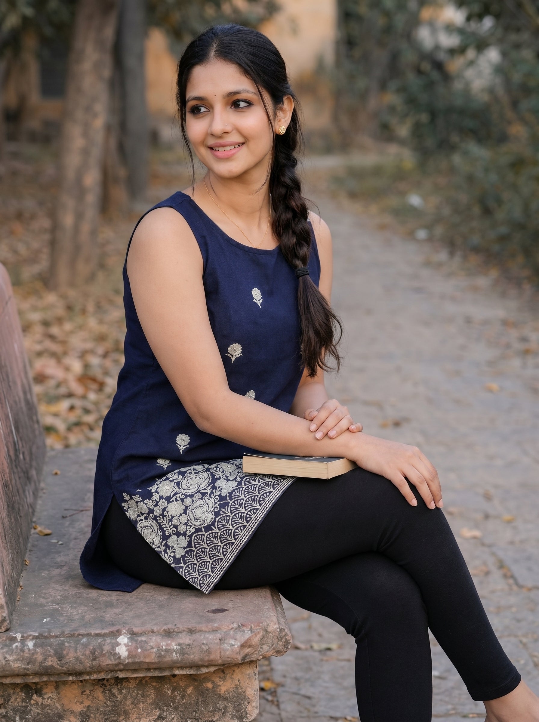 Navy Blossom Embroidery Kurti