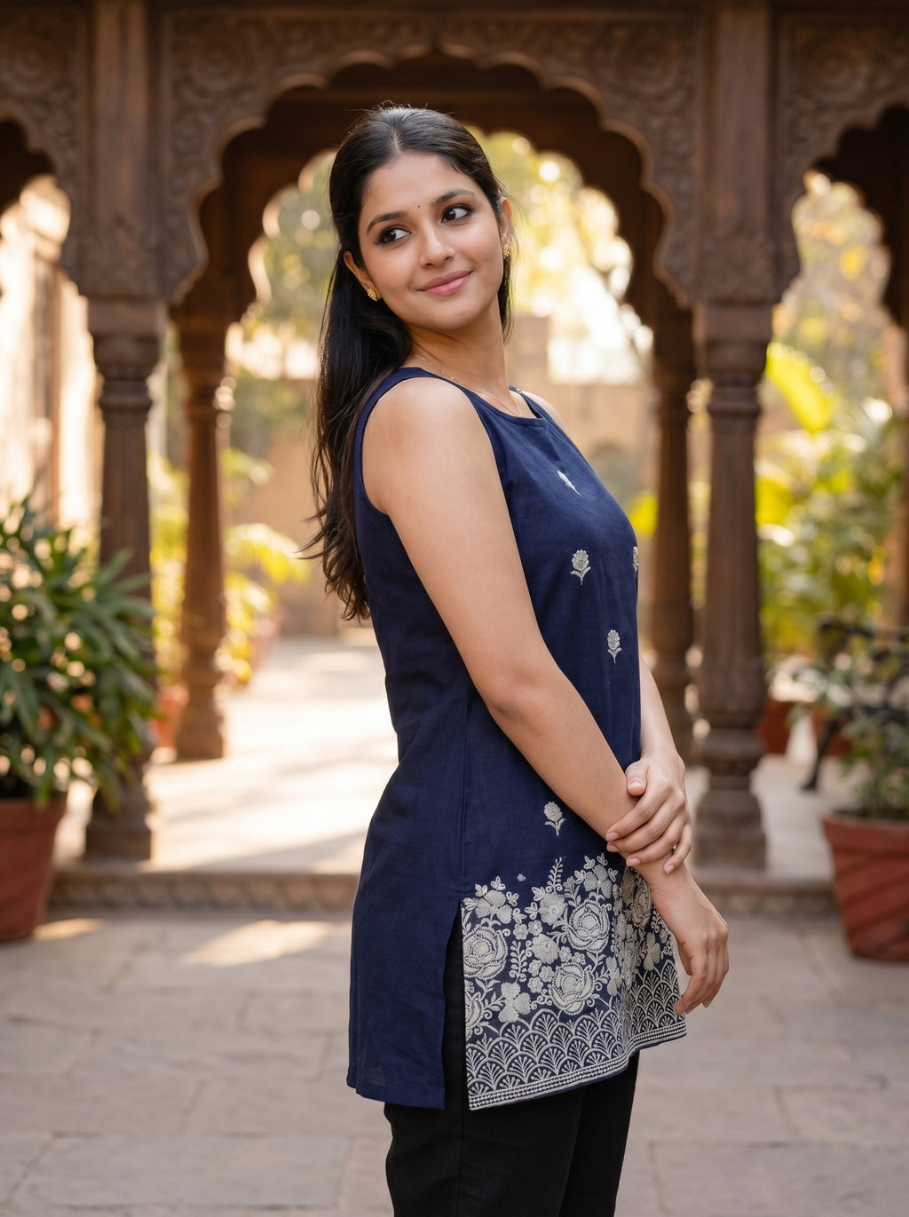 Navy Blossom Embroidery Kurti