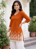 Rust Orange Embroidery Kurti