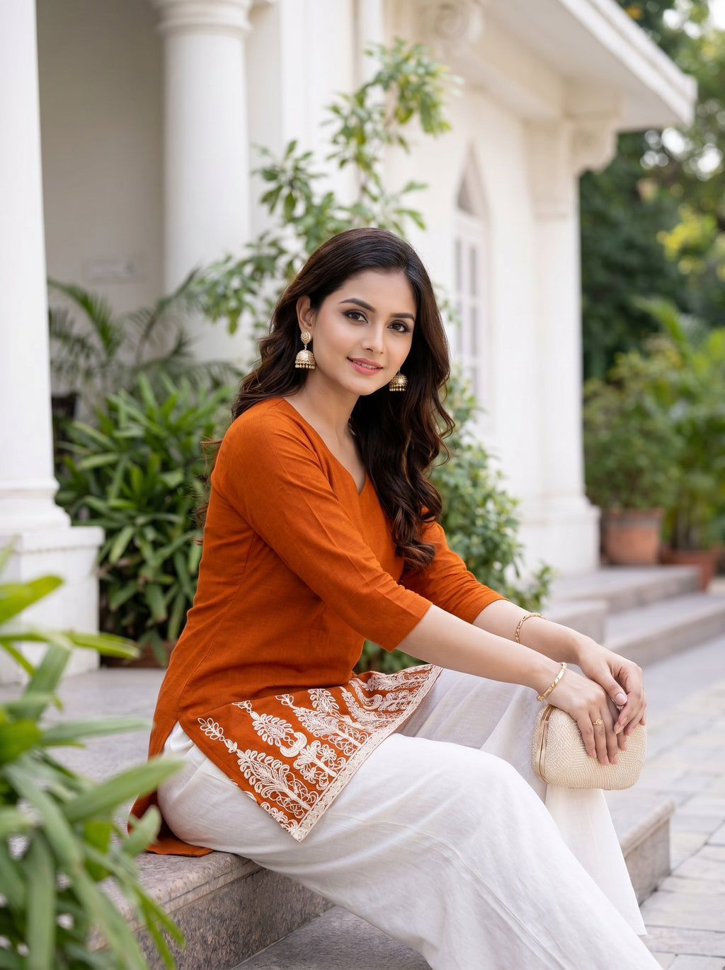 Rust Orange Embroidery Kurti