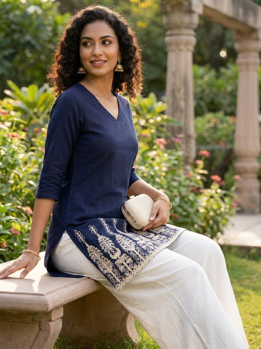 Navy Blue Embroidery Kurti